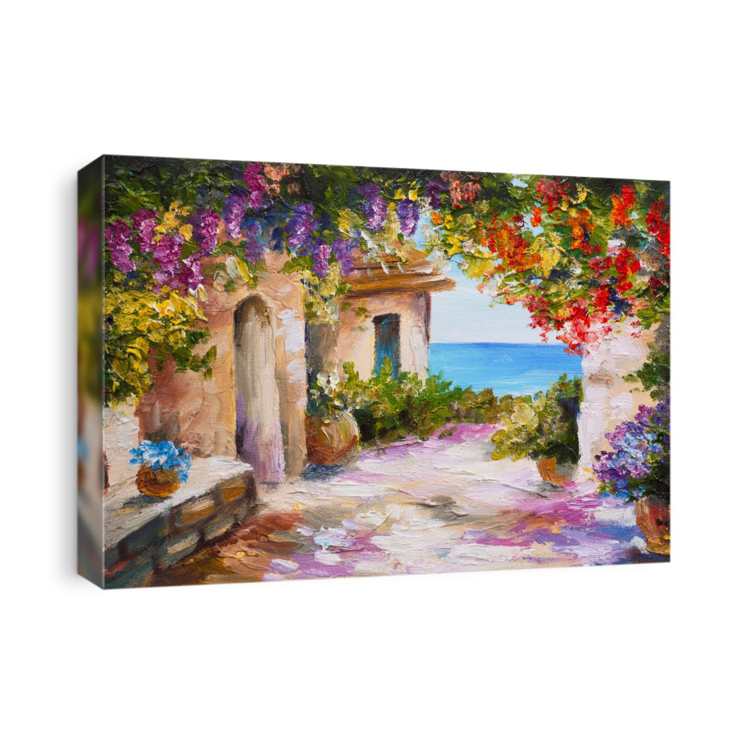 oil painting - house near the sea, colorful flowers, summer seascape