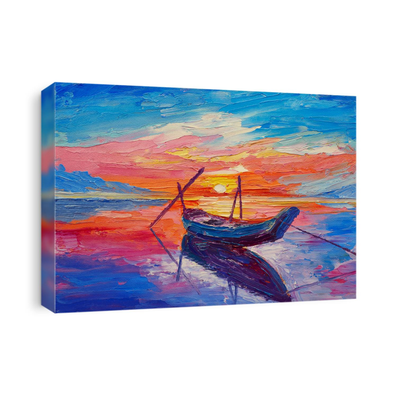 Oil painting, artwork on canvas. Fishing boats on sea  