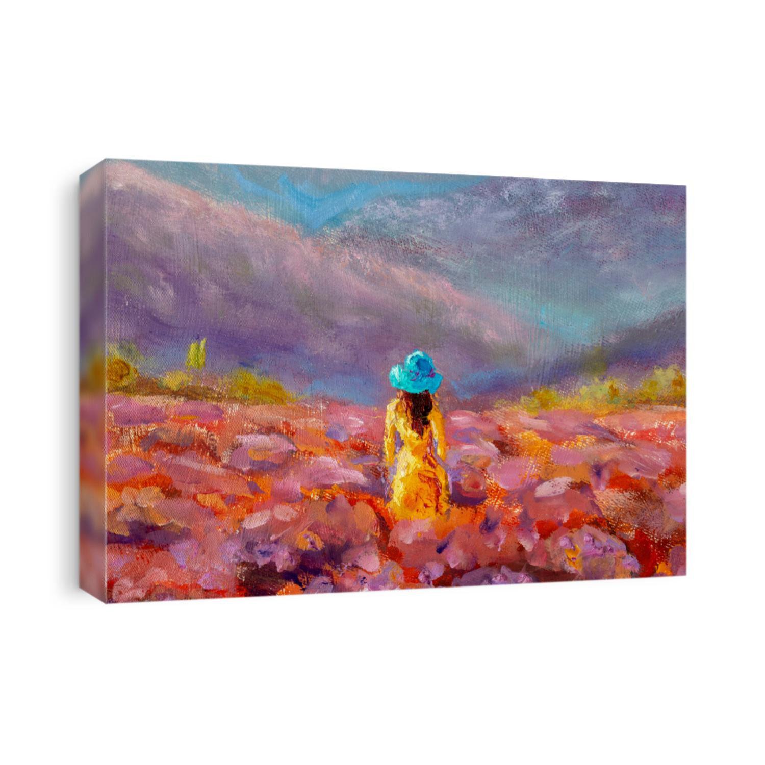 Oil Painting Beautiful Girl stands with her back in a lavender pink flower field - floral French Tuscan landscape
