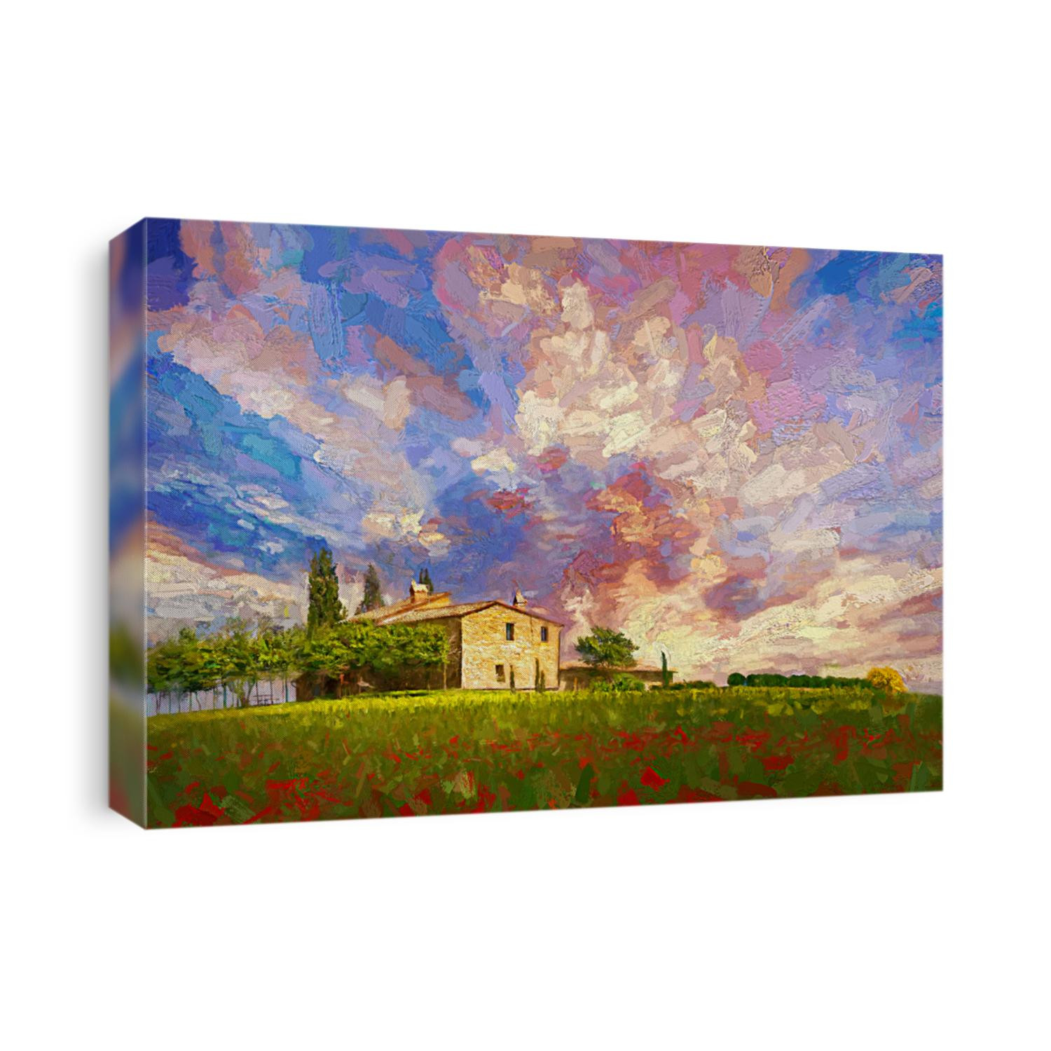 Stunning landscape view of farm house on the hill and the red poppy fields in the colorful morning of Tuscany, Italy.- oil painting.