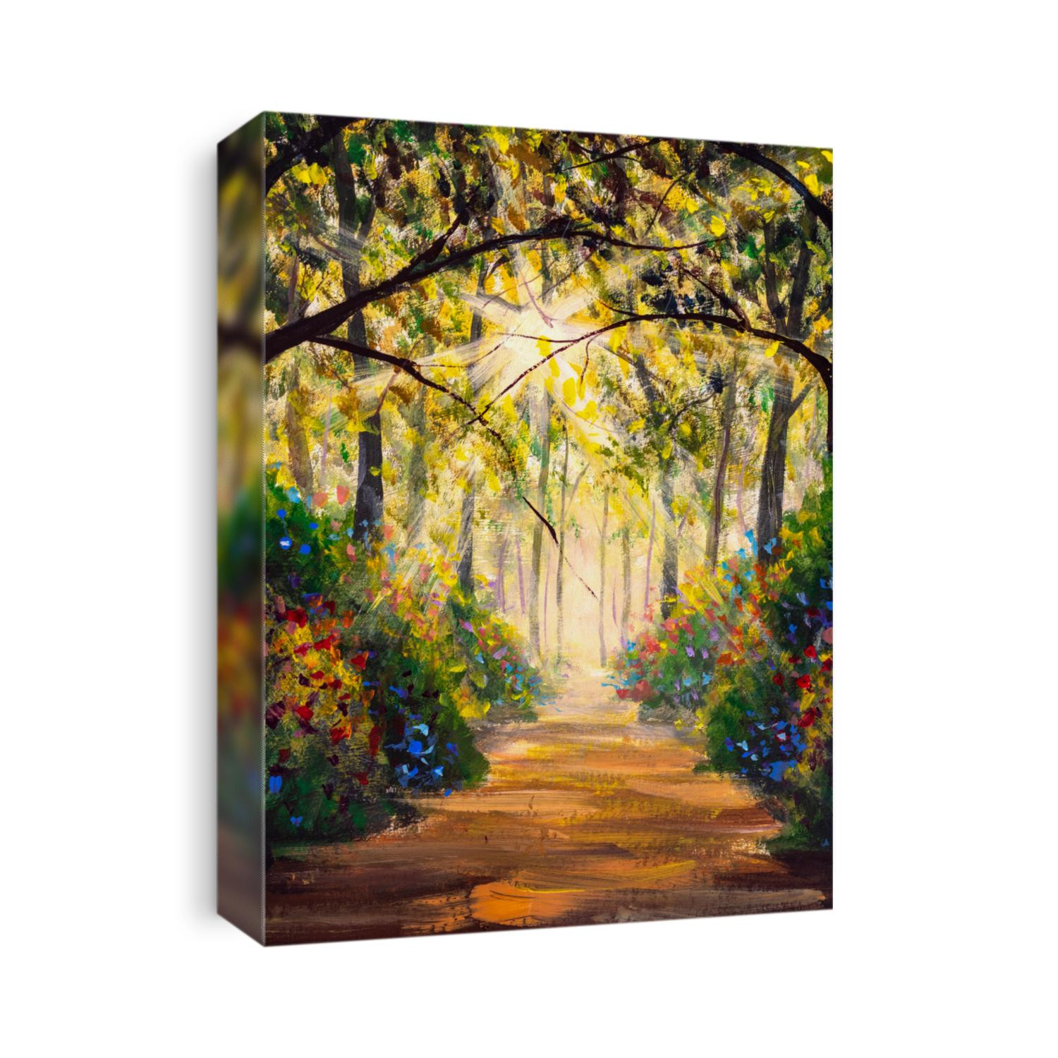 Vertical Sunny forest wood trees Original oil painting. Road in sun summer flowers park alley impressionism fine art hand painted landscape paintings artwork