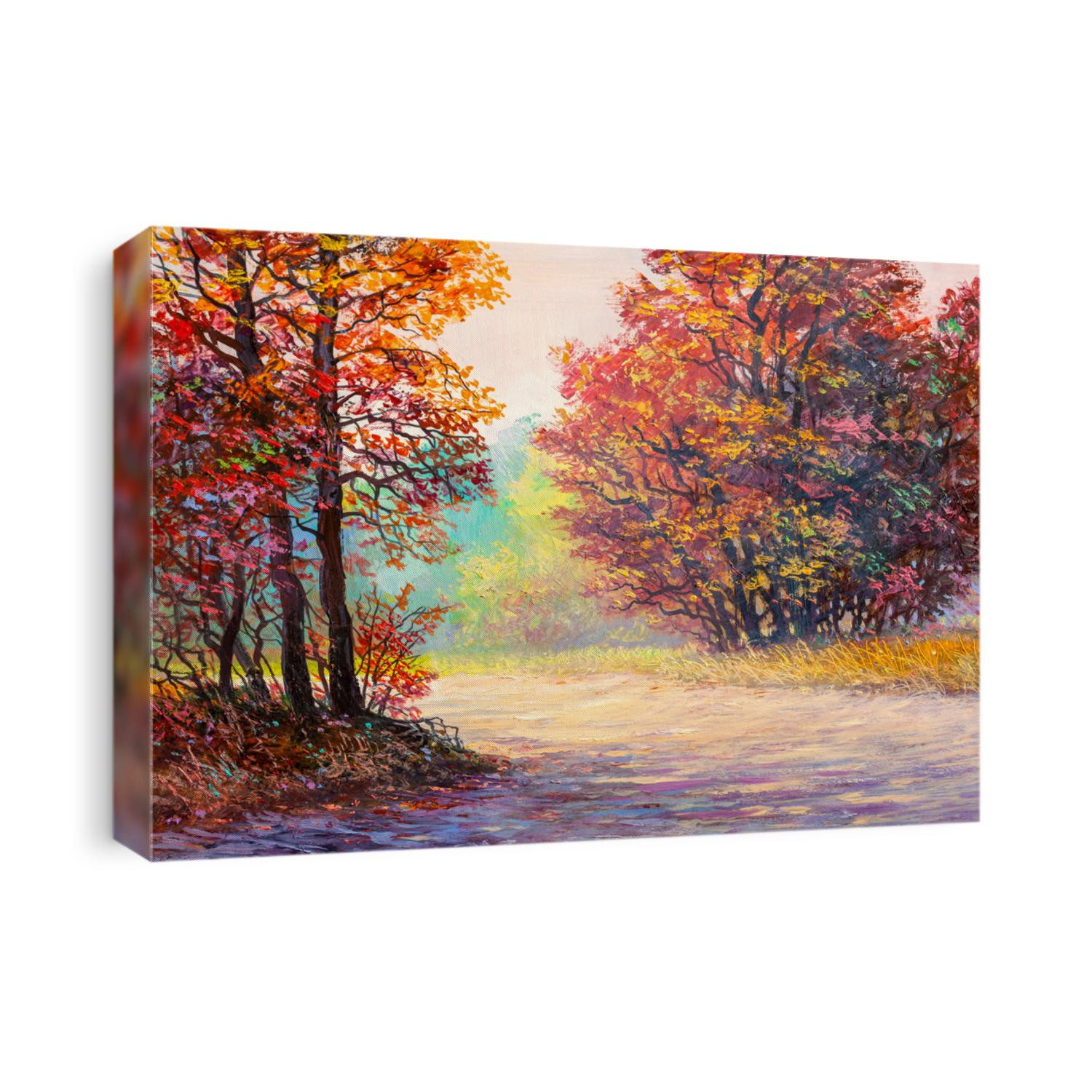 Oil painting landscape - colorful autumn forest with dear. Hand Painted Impressionist.