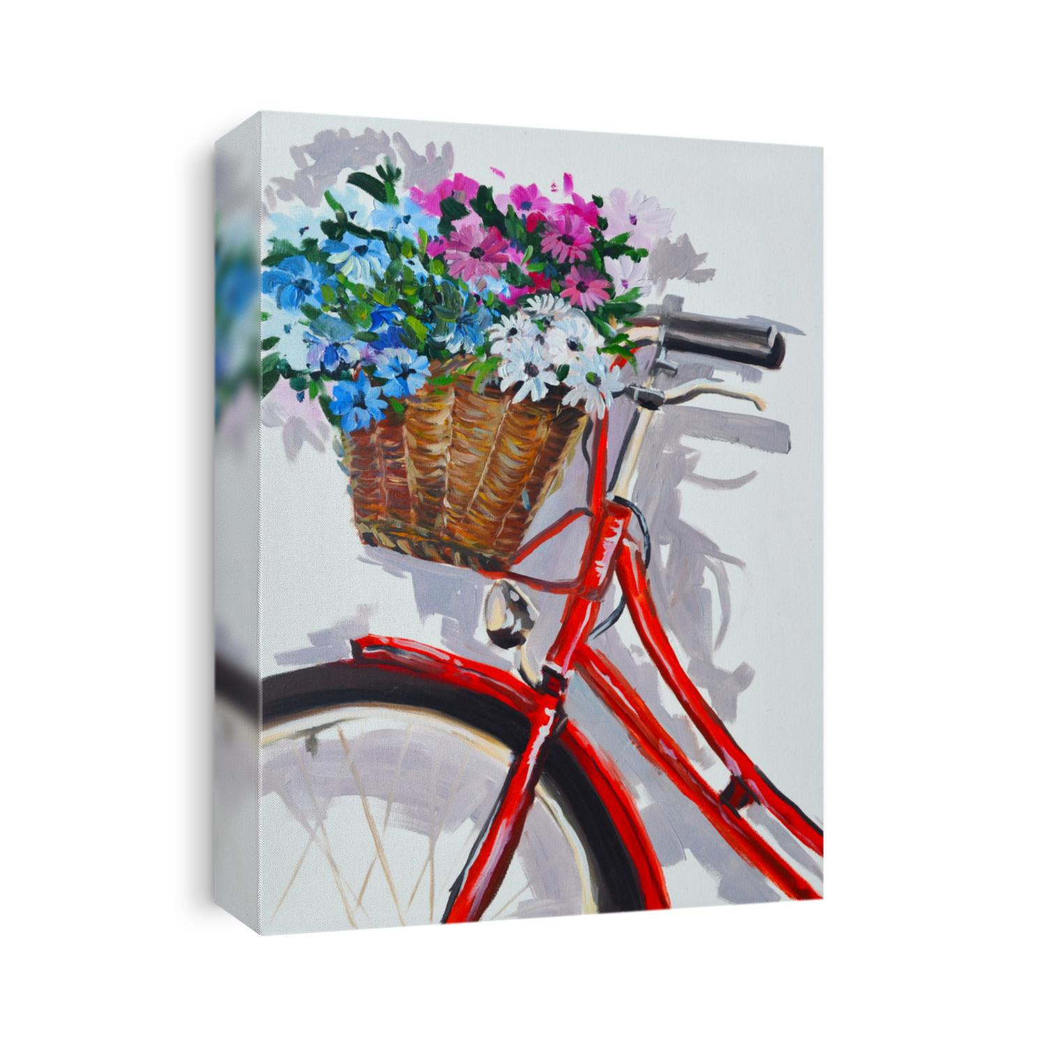 Drawn bicycle with flowers. Red bike with a basket of flowers. Original oil painting. Painting on canvas. Festive postcard. Illustration for a woman. Painting in the interior.