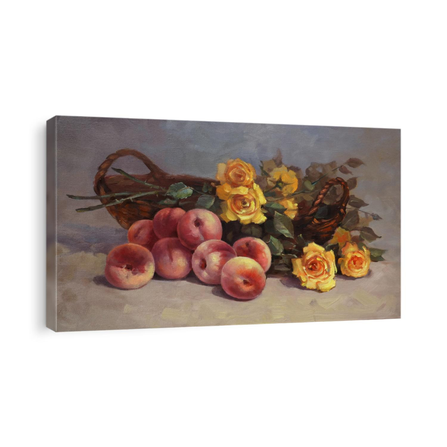 beautiful, ripe peaches near a basket of yellow roses, handmade painting, oil painting on canvas, food, fruit, nature, yellow, organic