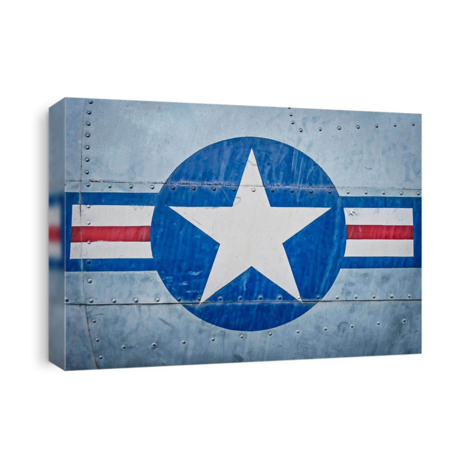Part of military airplane with United States Air Force sign. Big white star in blue circle with stripes aside. War aircraft in metal plates. Military aviation. Retro style. Safety and protection.
