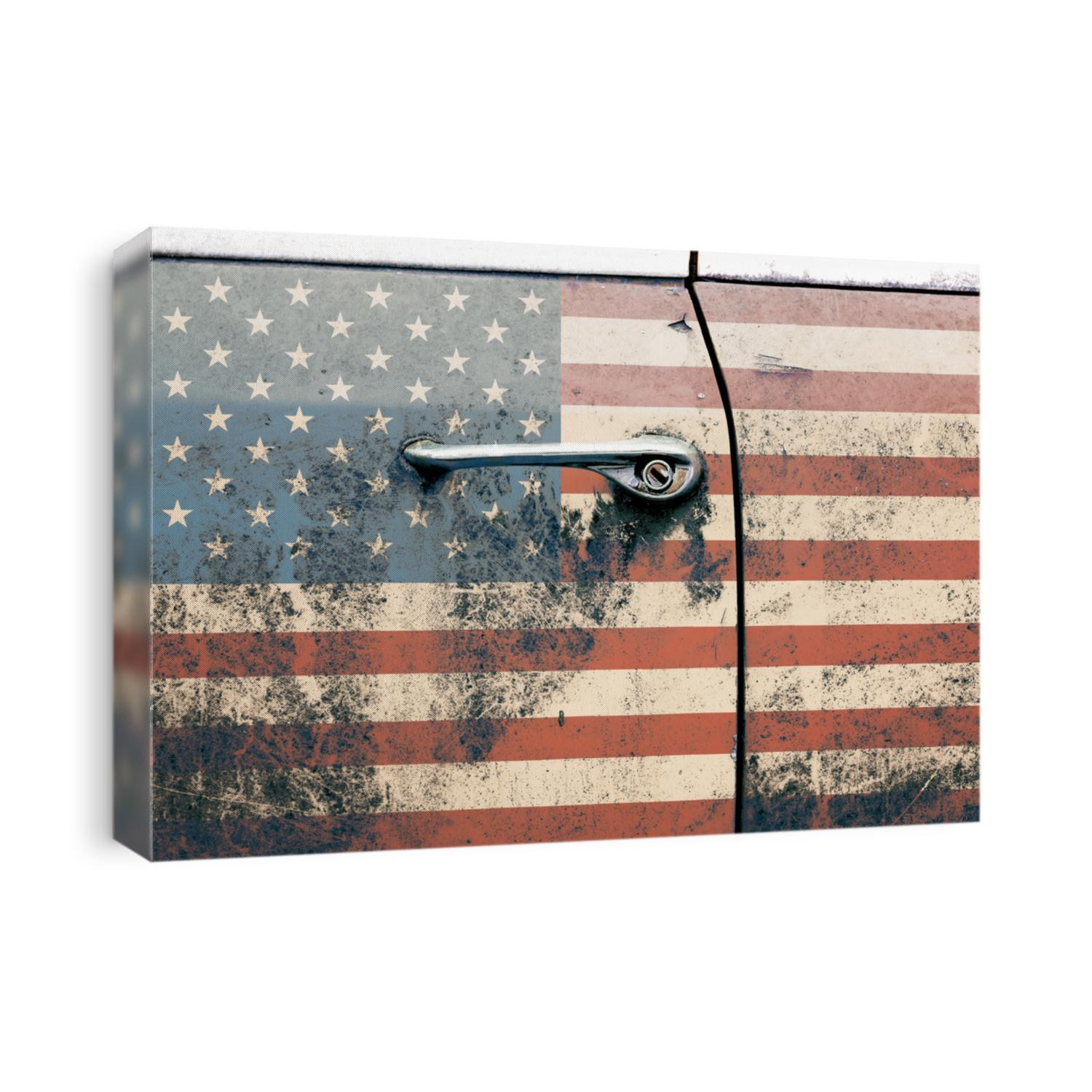 Usa flag on old car door. Retro photo. America. Interior poster. 80s. Grung background