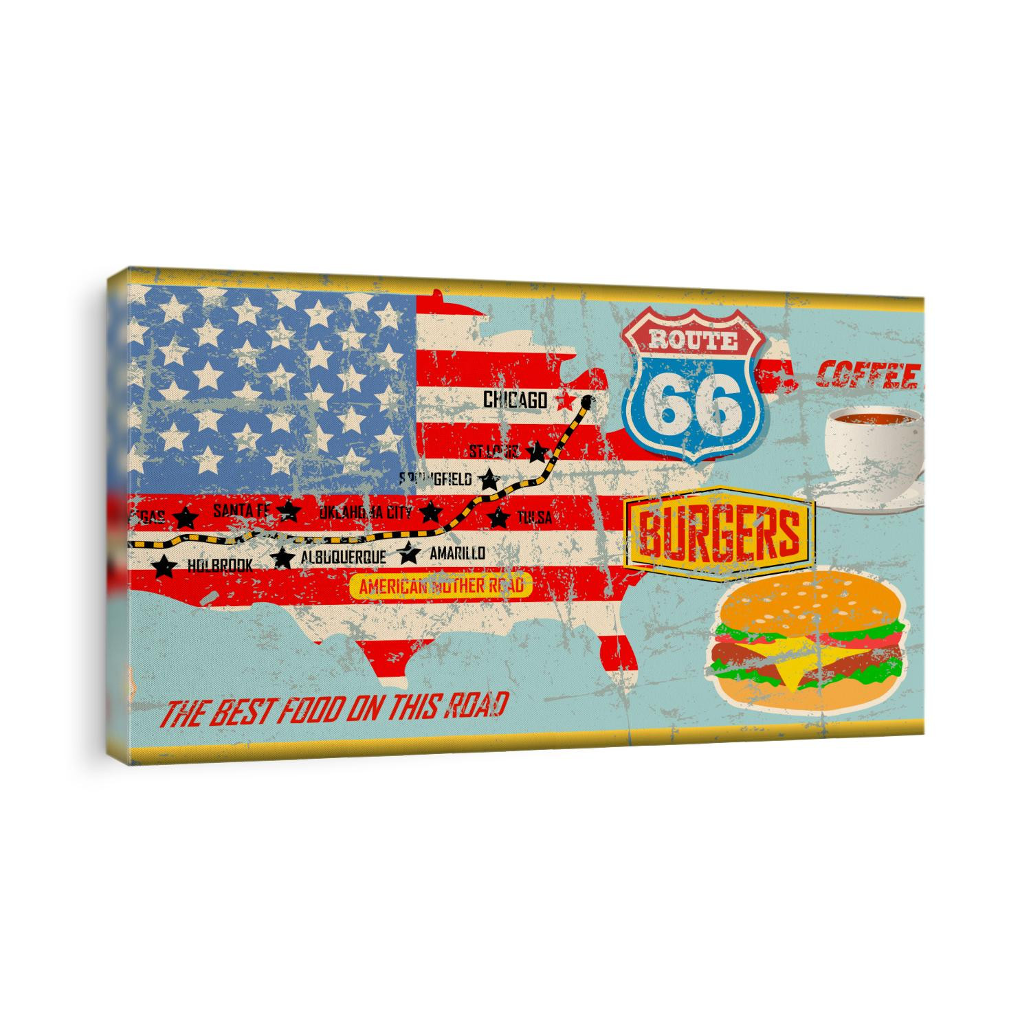 grungy route 66 diner tin sign w. road map, retro grungy illustration, fictional vector artwork 