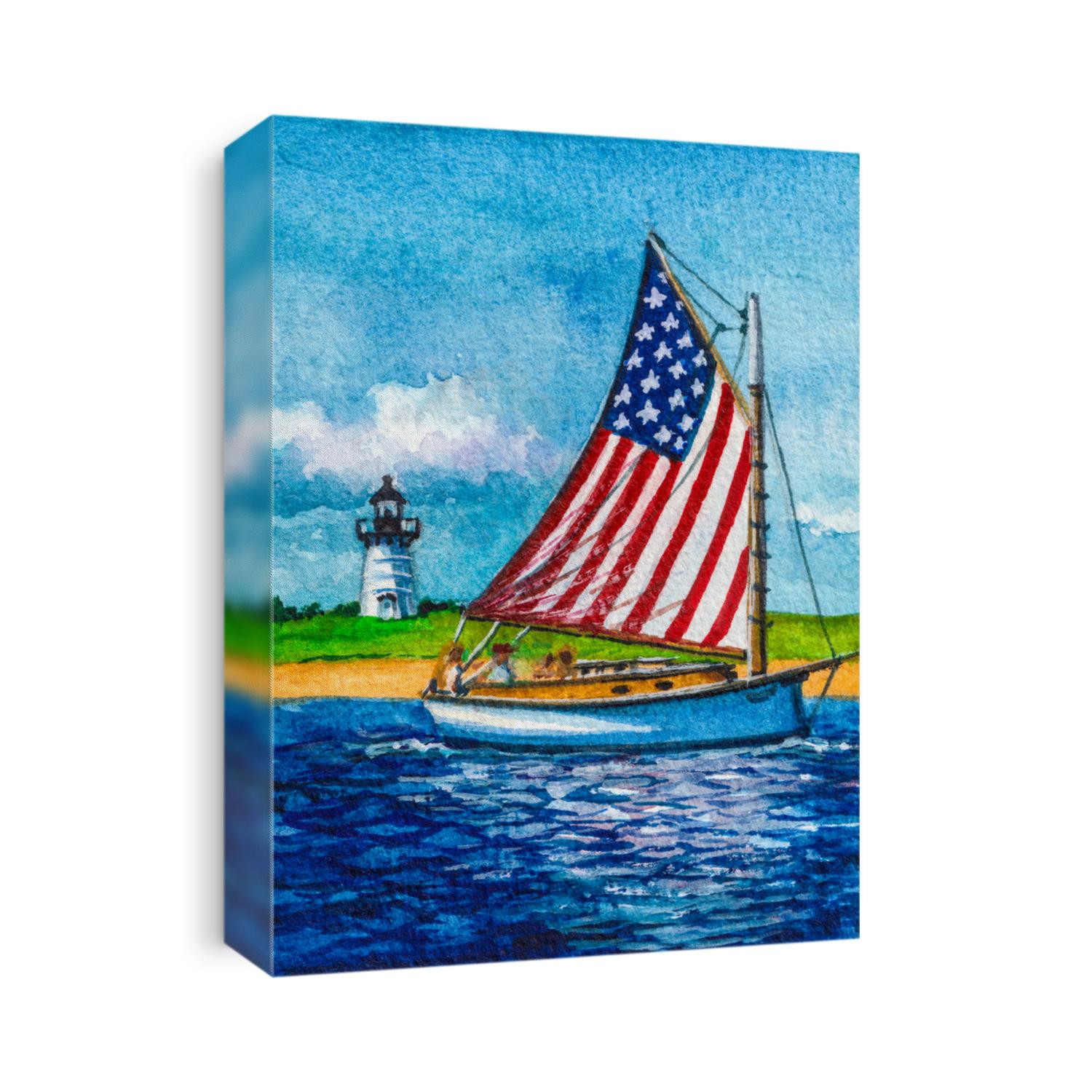 Sailboat With Sail American Flag Canvas Print | CanvasWorld